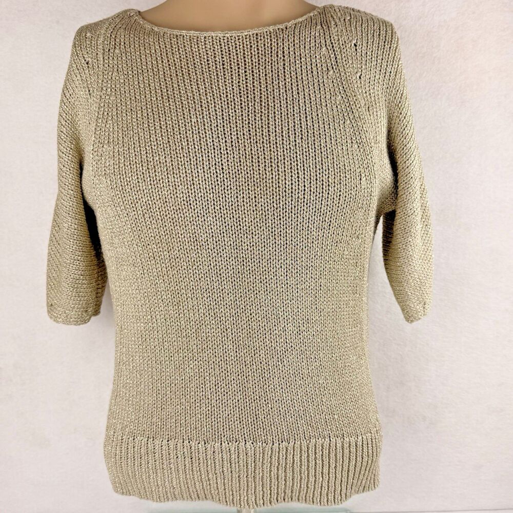 Chicos Metallic Gold Knit Sweater Size 0 Small S Elbow Sleeve Shimmer Pullover